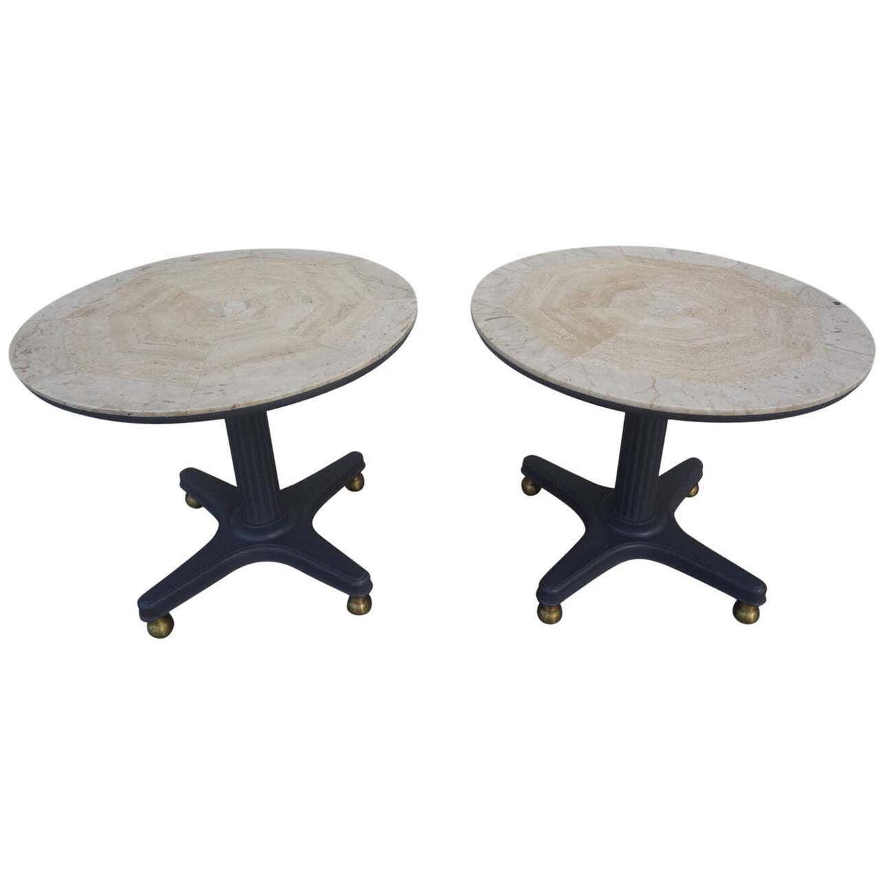 Pair of Hollywood Regency Tables with Travertine Tops