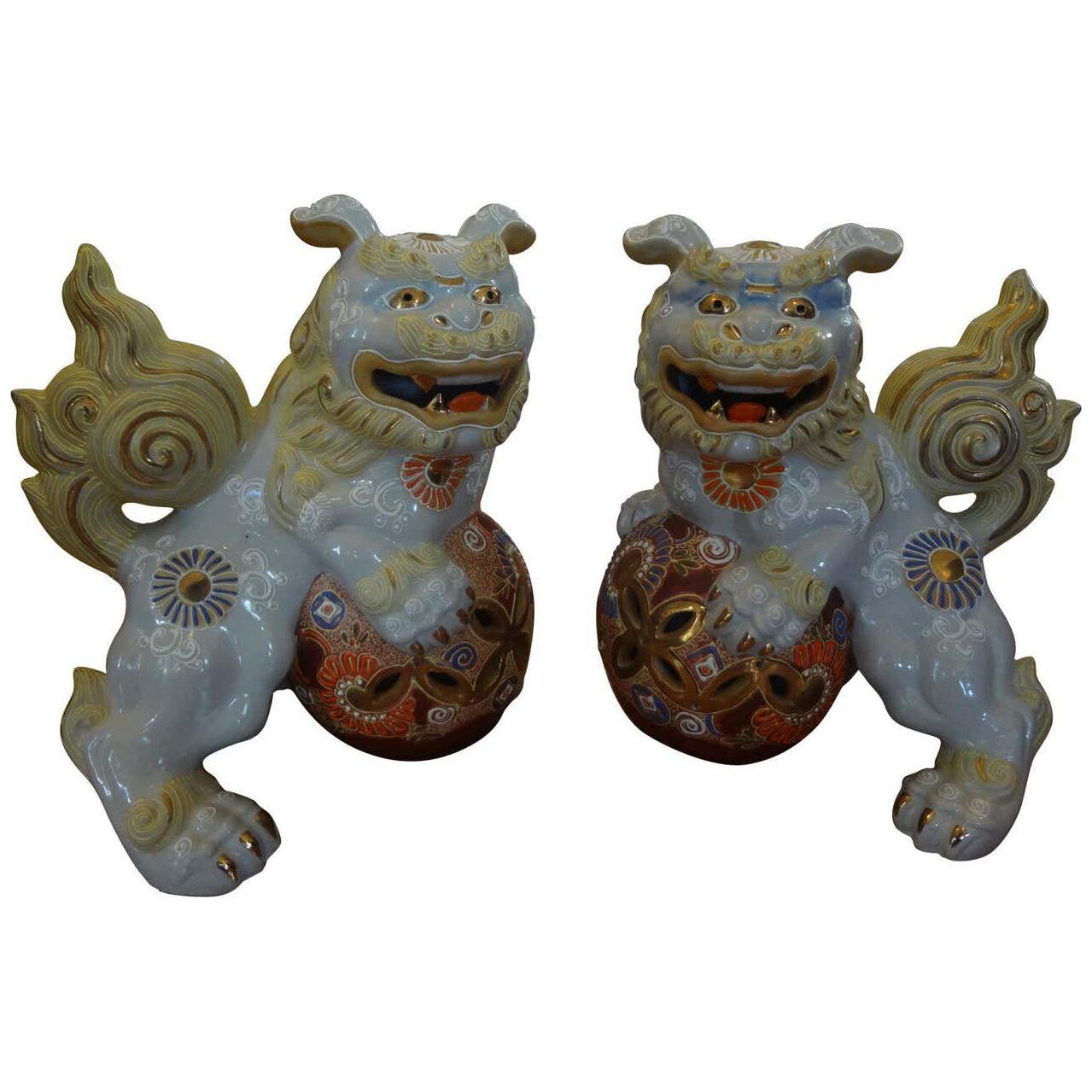 Pair of Japanese Glazed Porcelain Foo Dogs