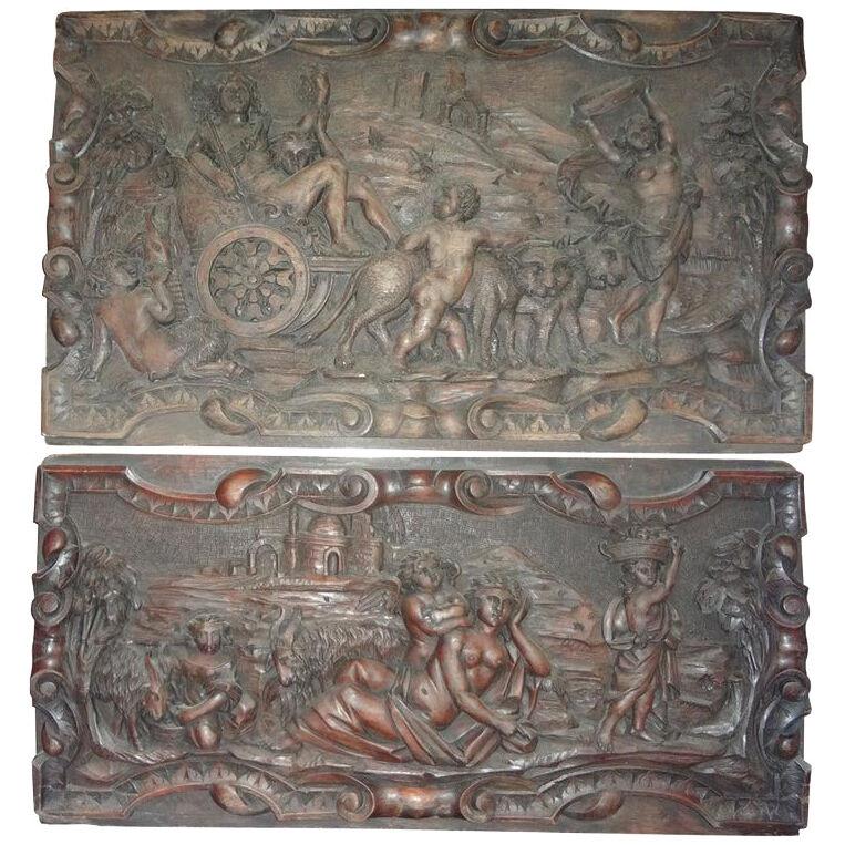 Pair Of 19th Century French Renaissance Style Carved Wood Architectural Panels