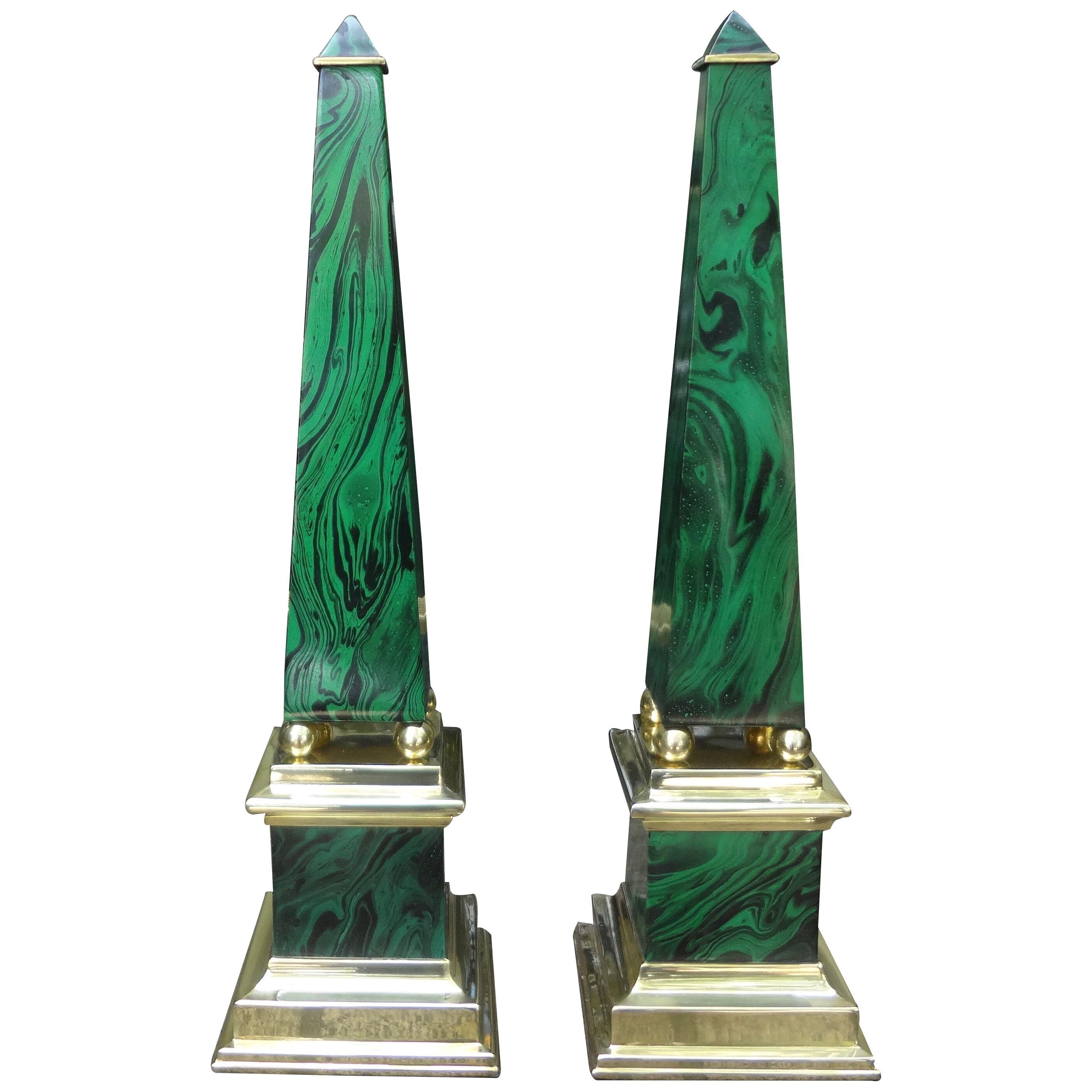 Pair of Vintage Brass and Faux Malachite Obelisks