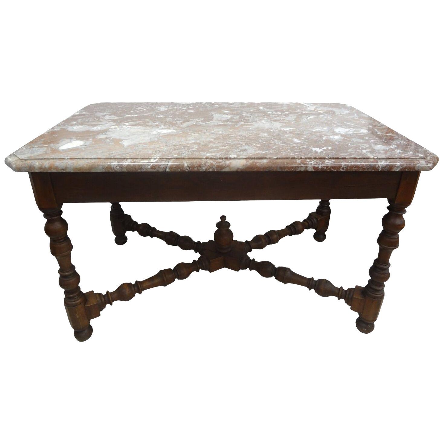 19th Century French Louis XIV Style Walnut Center Table With Marble Top