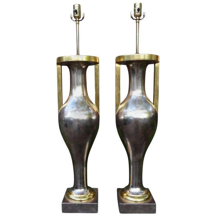 Pair Of Monumental Neoclassical Style Silver and Gold Giltwood Urn Form Lamps