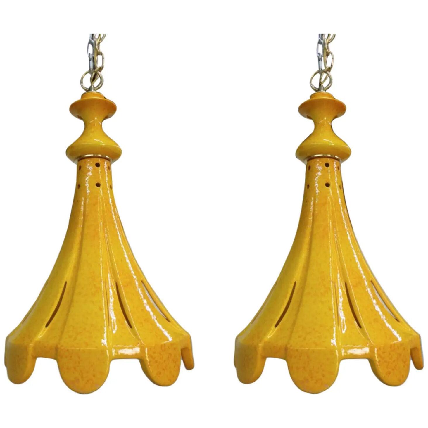 Pair Of Italian Mid-Century Glazed Ceramic Lanterns 