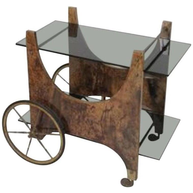 Italian Lacquered Goatskin Bar Cart or Serving Cart by Aldo Tura