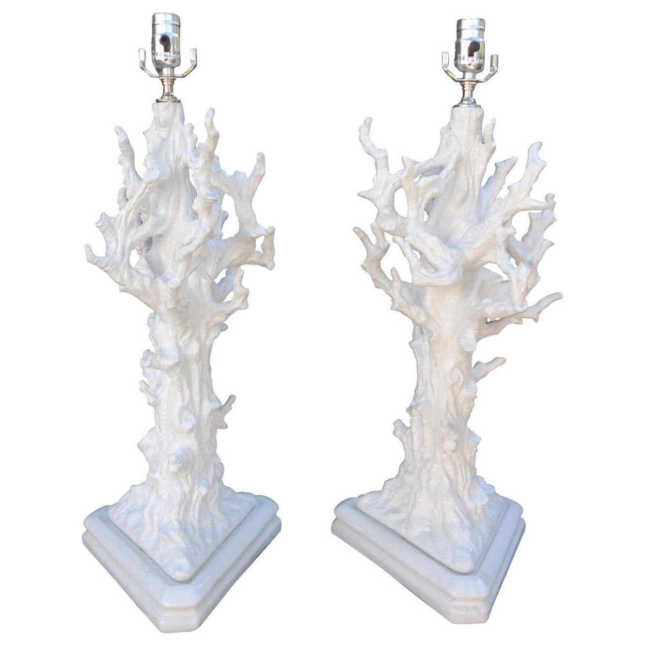 Pair of Italian Glazed Porcelain Faux Tree Lamps