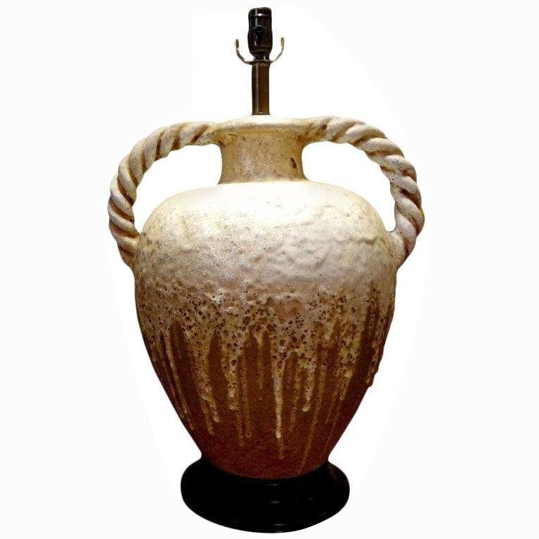 Large Italian Drip Glaze Pottery Lamp With Twisted Handles Attributed to Fantoni