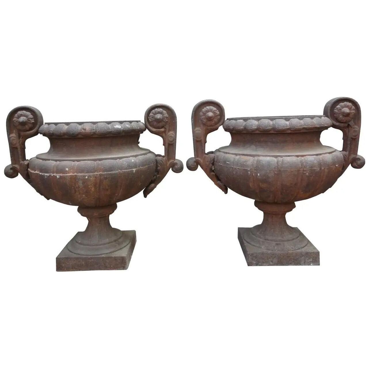 Pair of 19th Century French Cast Iron Garden Urns with Handles