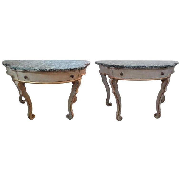 Pair Of Antique Italian Painted and Giltwood Neoclassical Style Console Tables