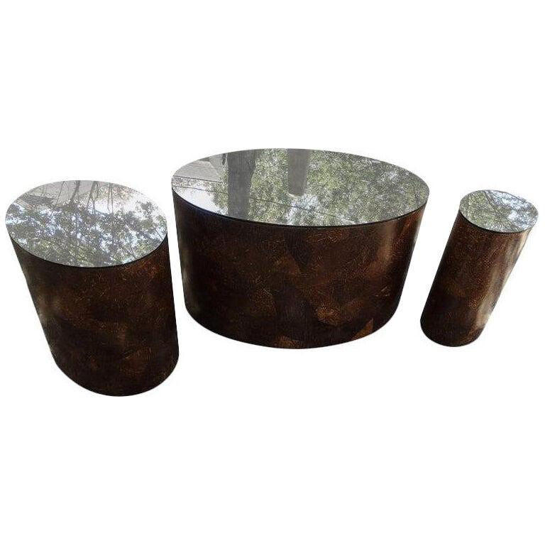 Karl Springer Style Oval Coconut Shell Tables With Bronze Mirrored Tops-Set of 3