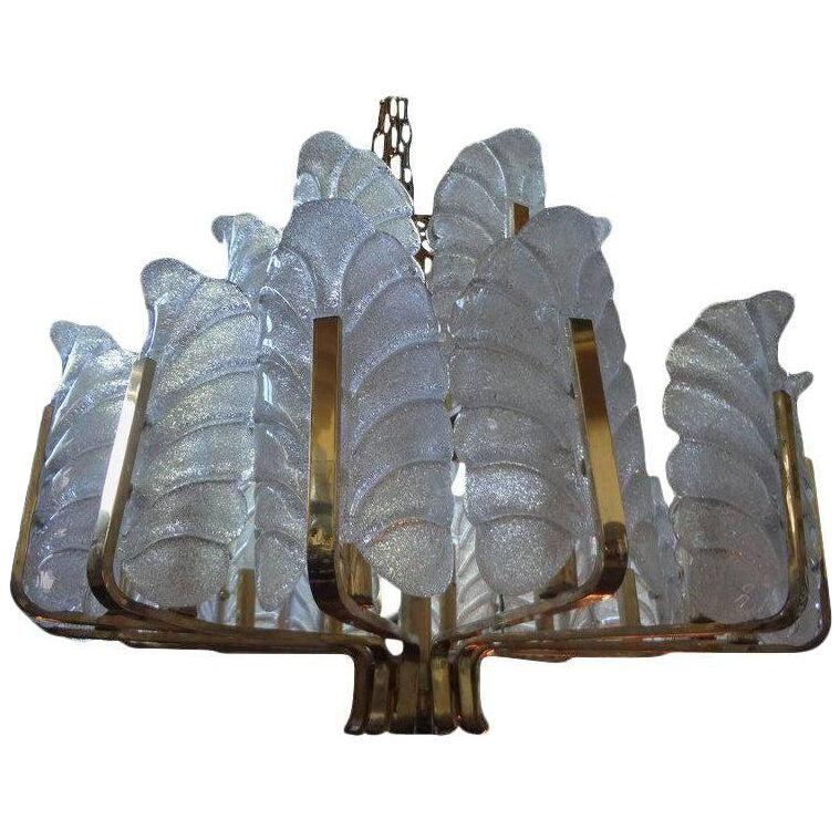 Large Carl Fagerlund for Orrefors Two Tiered Brass and Glass Chandelier