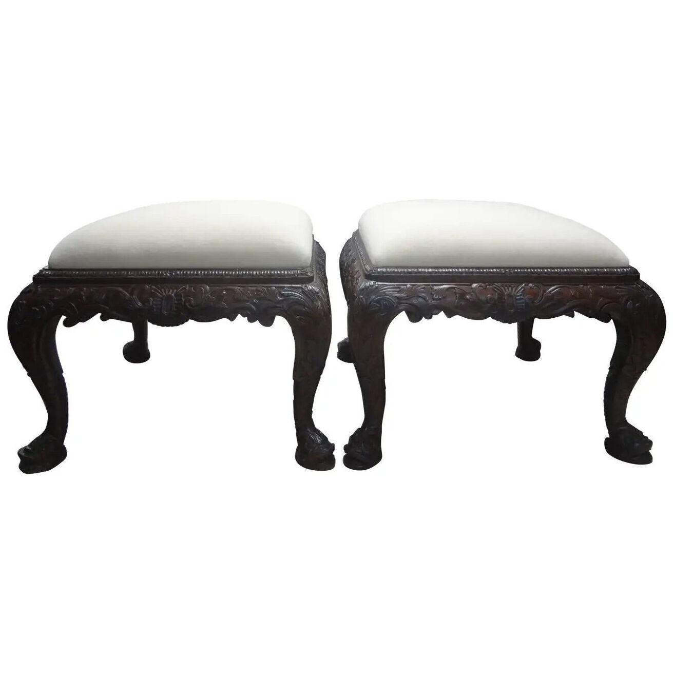 Pair of Large Scale Antique English Regency Style Ottomans with Dolphin Feet