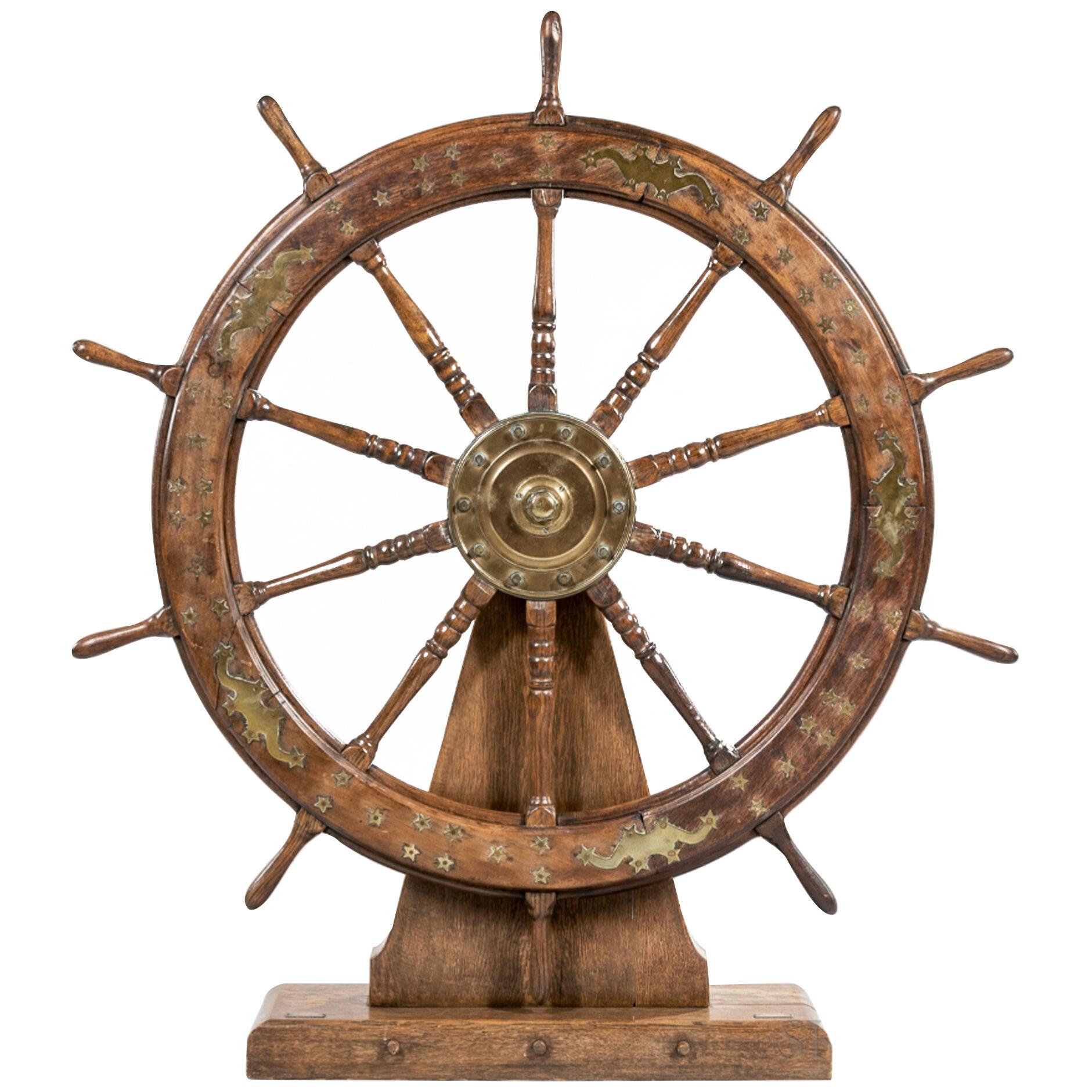 American Ship's Wheel with Brass Inlay of Stars & Shooting Stars