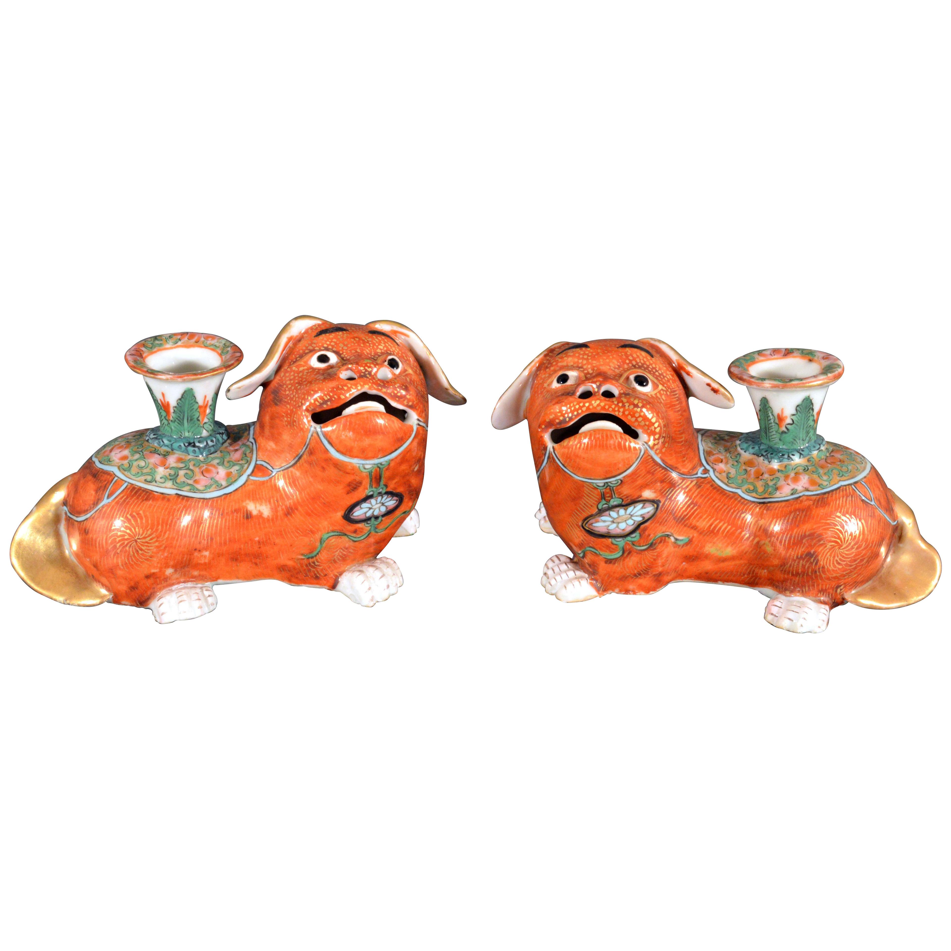 Chinese Export Porcelain Canton Pair of Foo Dog Candlesticks