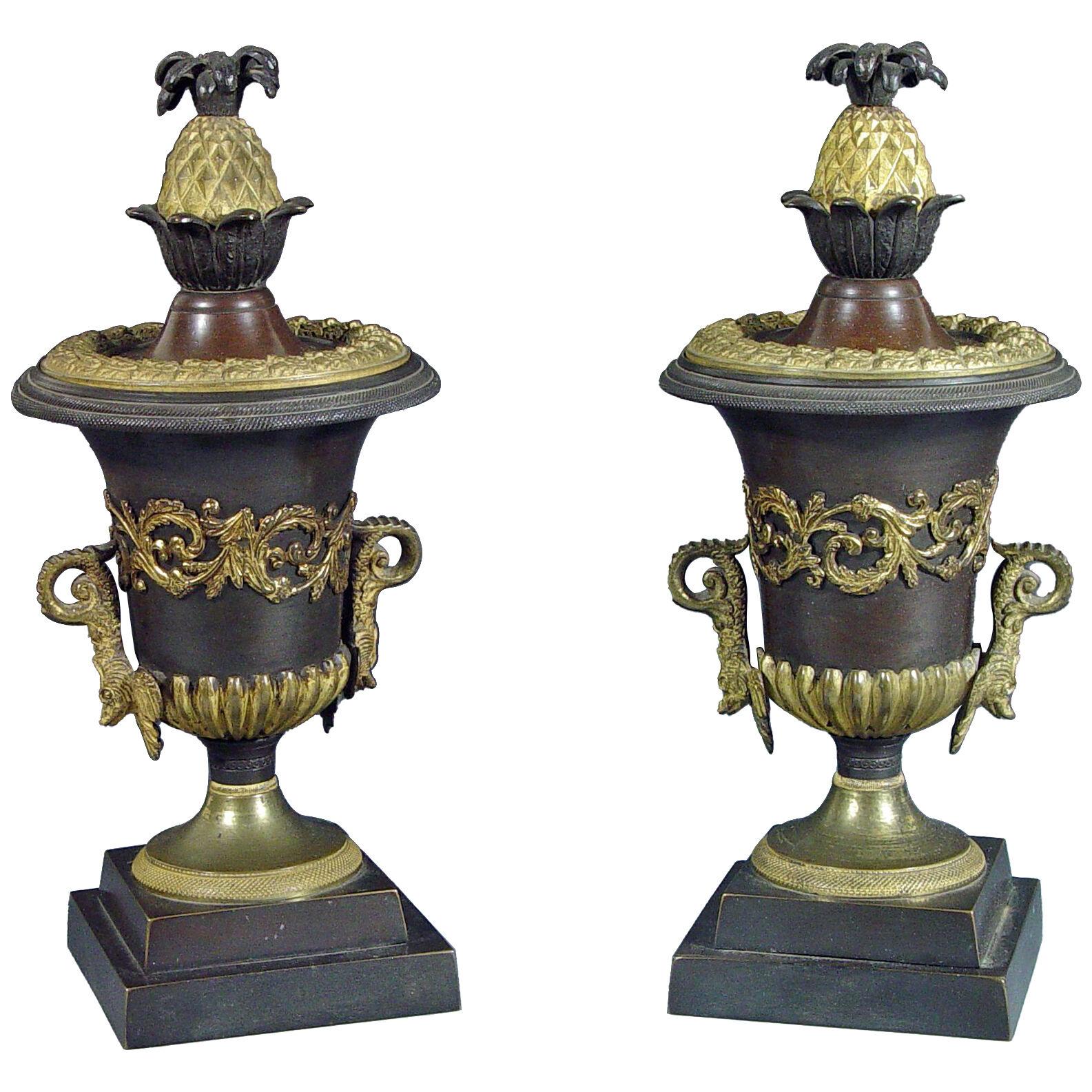 Regency Bronze & Ormolu Pineapple topped Urns with Reversible Candlestick