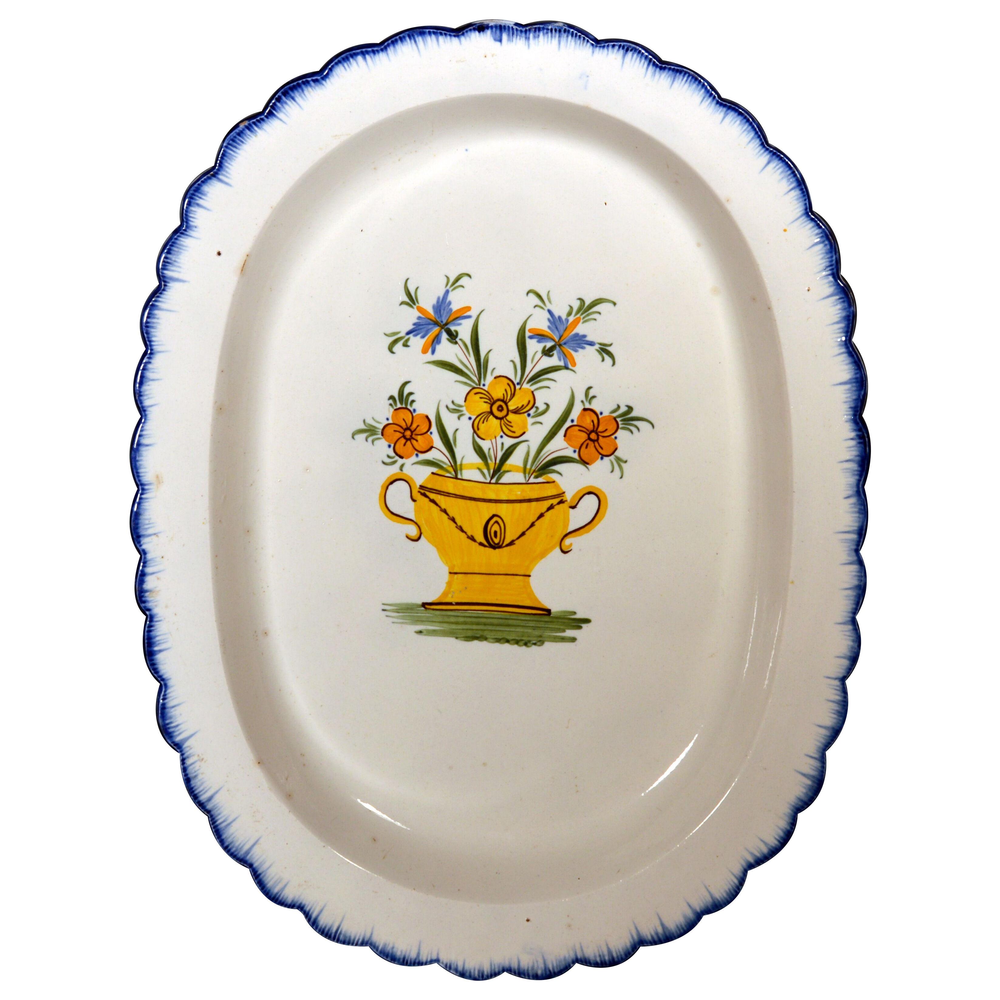 Shell-edge Prattware Oval Dish painted with An Urn of Flowers