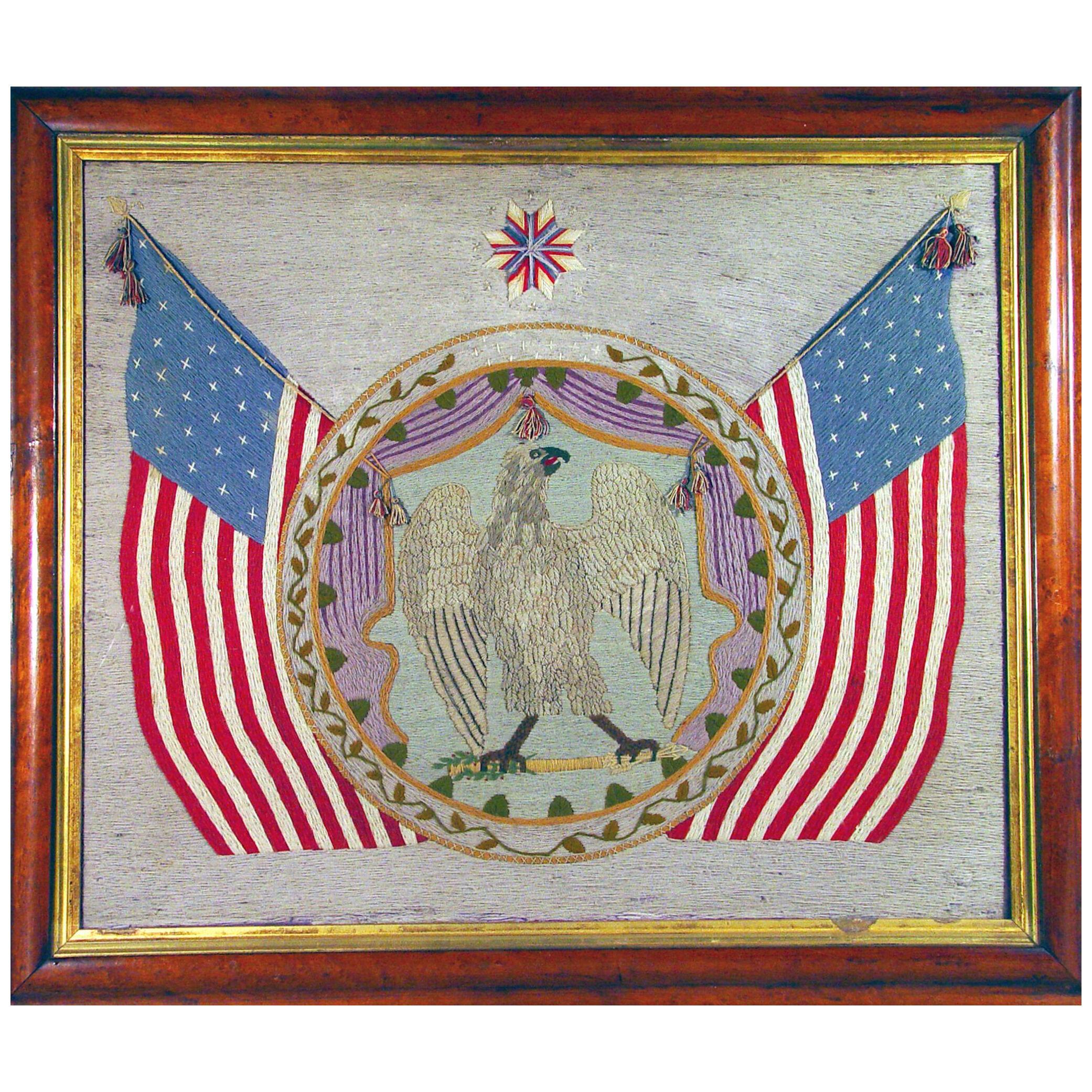 American Folk Art Woolwork Picture of The American Eagle and American flags