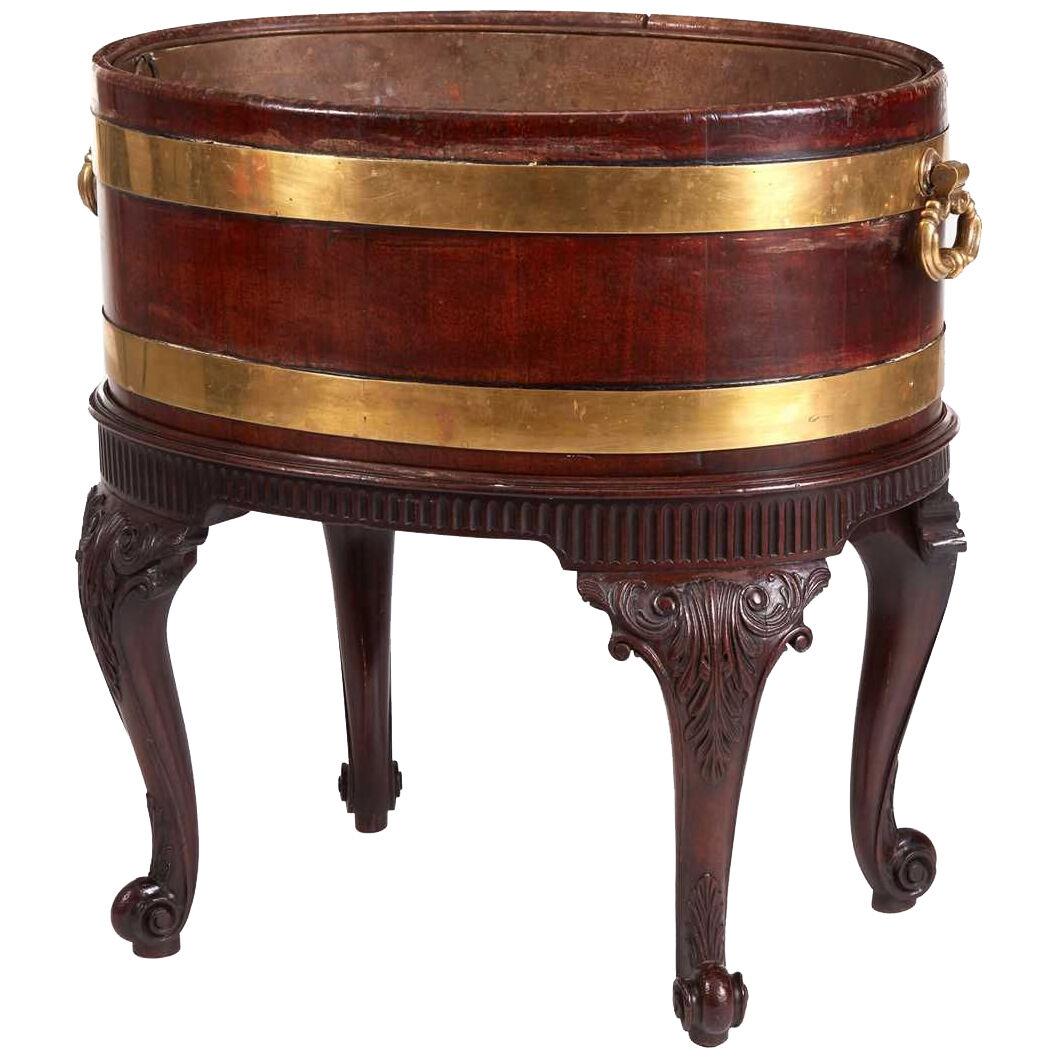George III Brass Bound Mahogany Wine Cooler  With Liner and Carved Stand