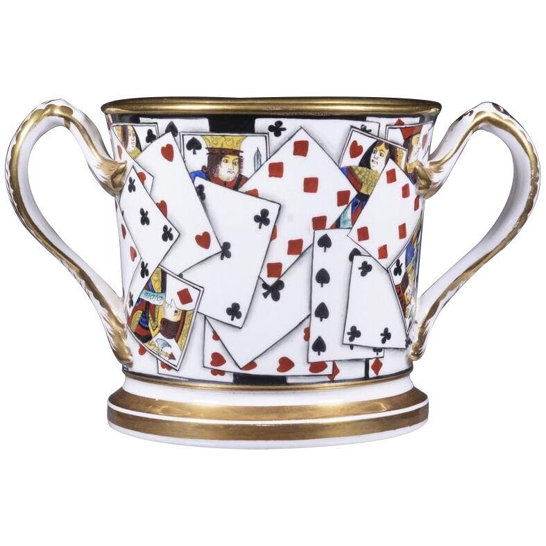 English Porcelain Large Double-handled Toasting Mug with Playing Cards