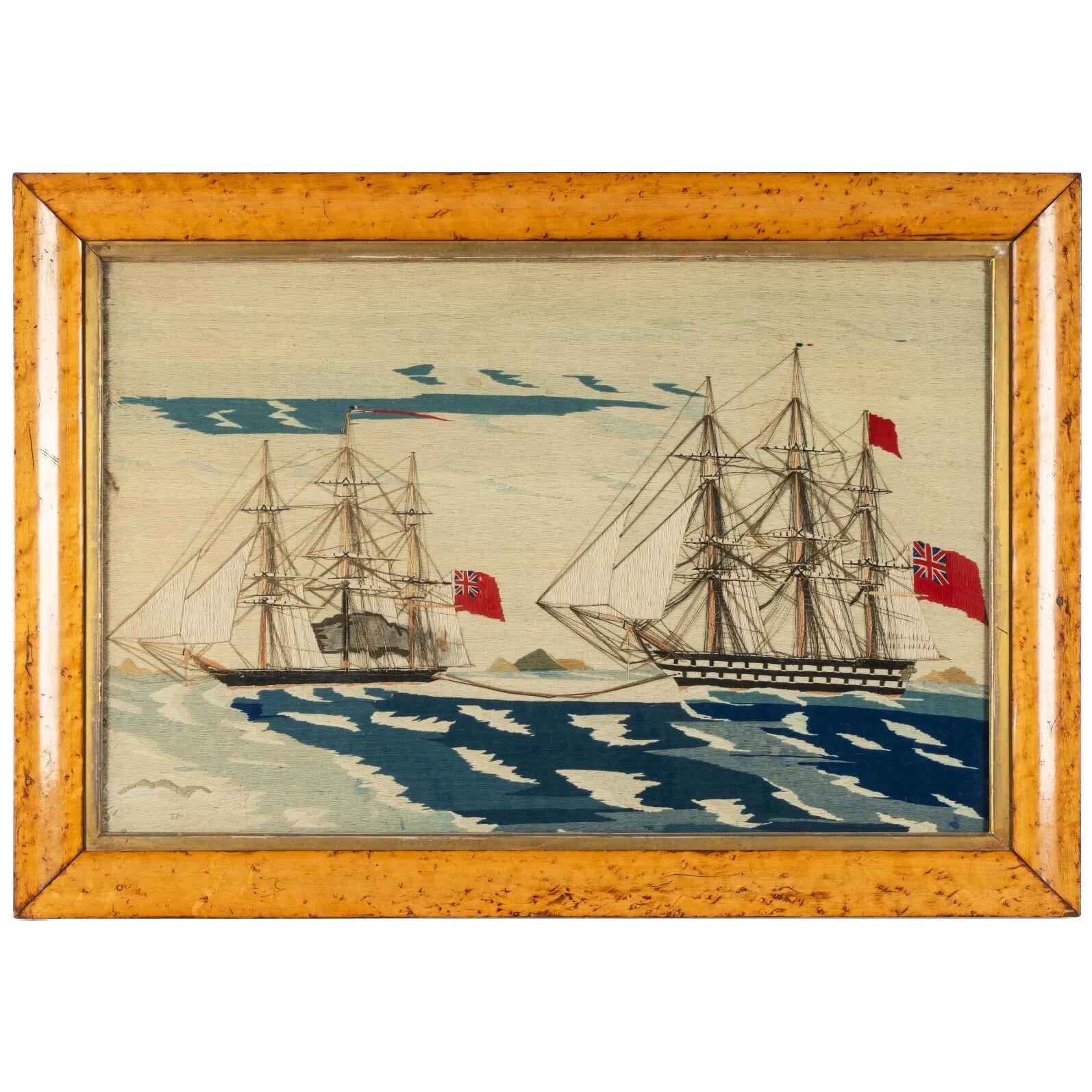 British Sailor's Woolwork of Royal Navy Ships- A Frigate towing a Second Rate