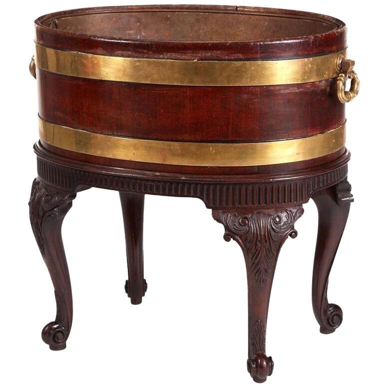 George III Brass Bound Mahogany Wine Cooler With Liner and Carved Stand