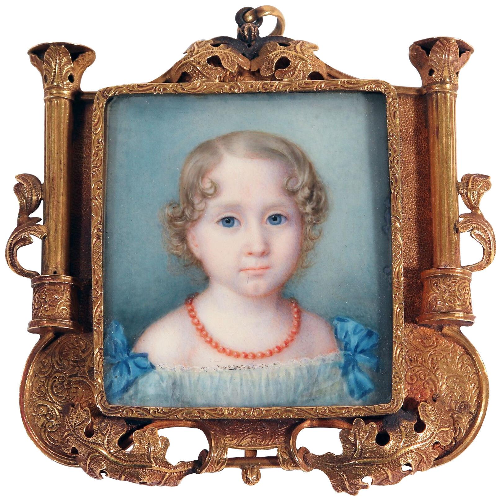 Continental Portrait Miniature of a Young Girl with Tableau Locket Frame 
