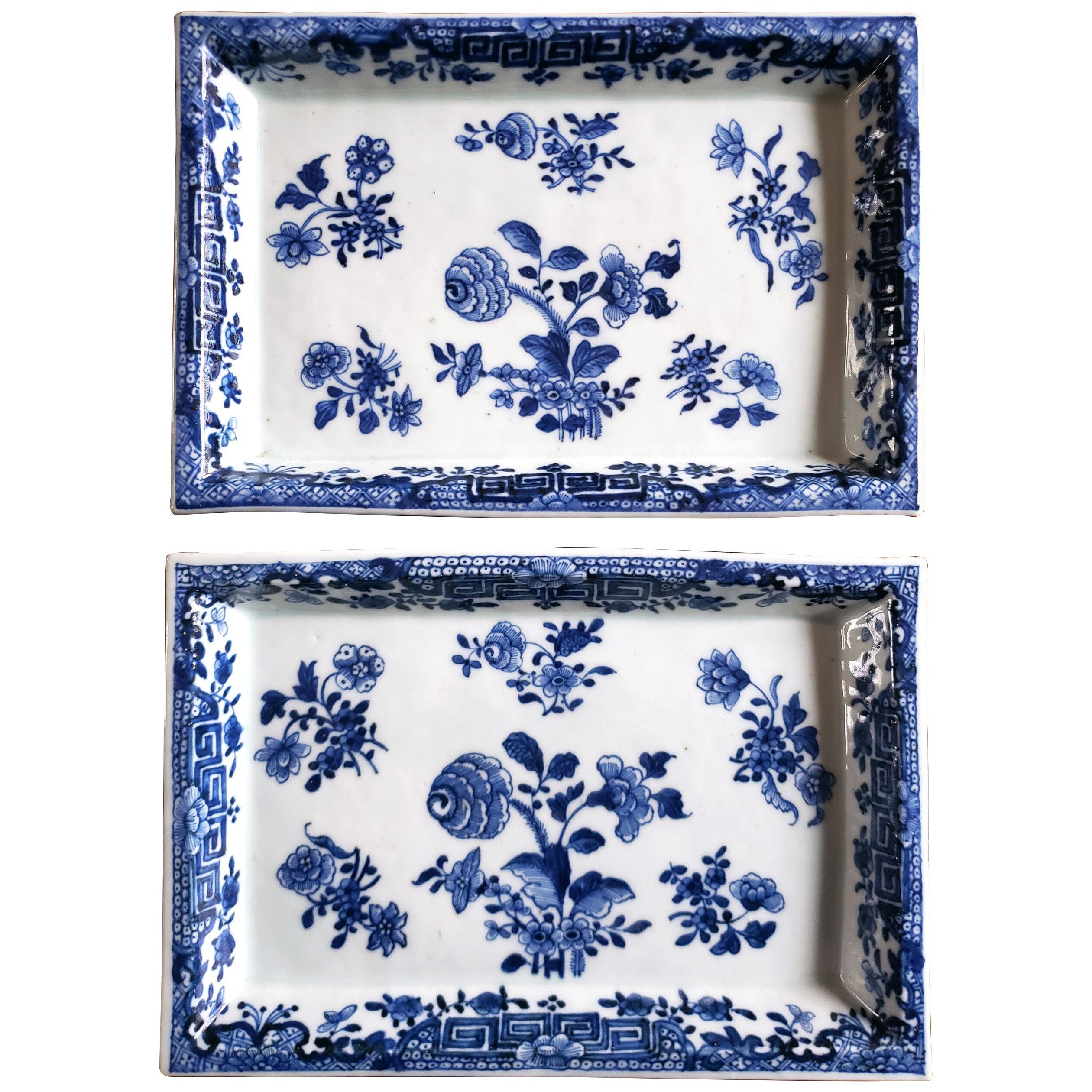 Chinese Export Porcelain Underglaze Blue & White Rectangular Botanical Trays