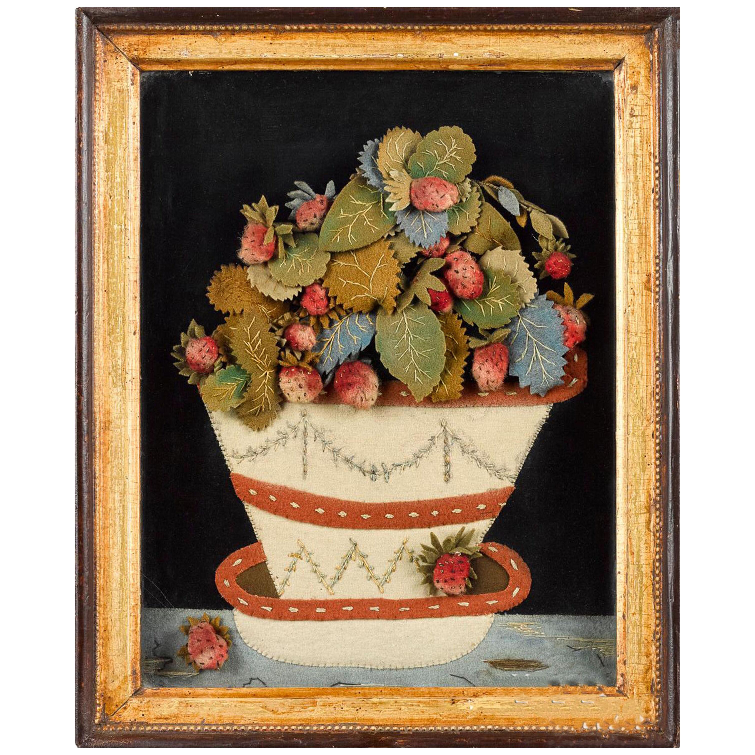 Antique Folk Art Feltwork Picture of a Strawberry Plant in a Pot