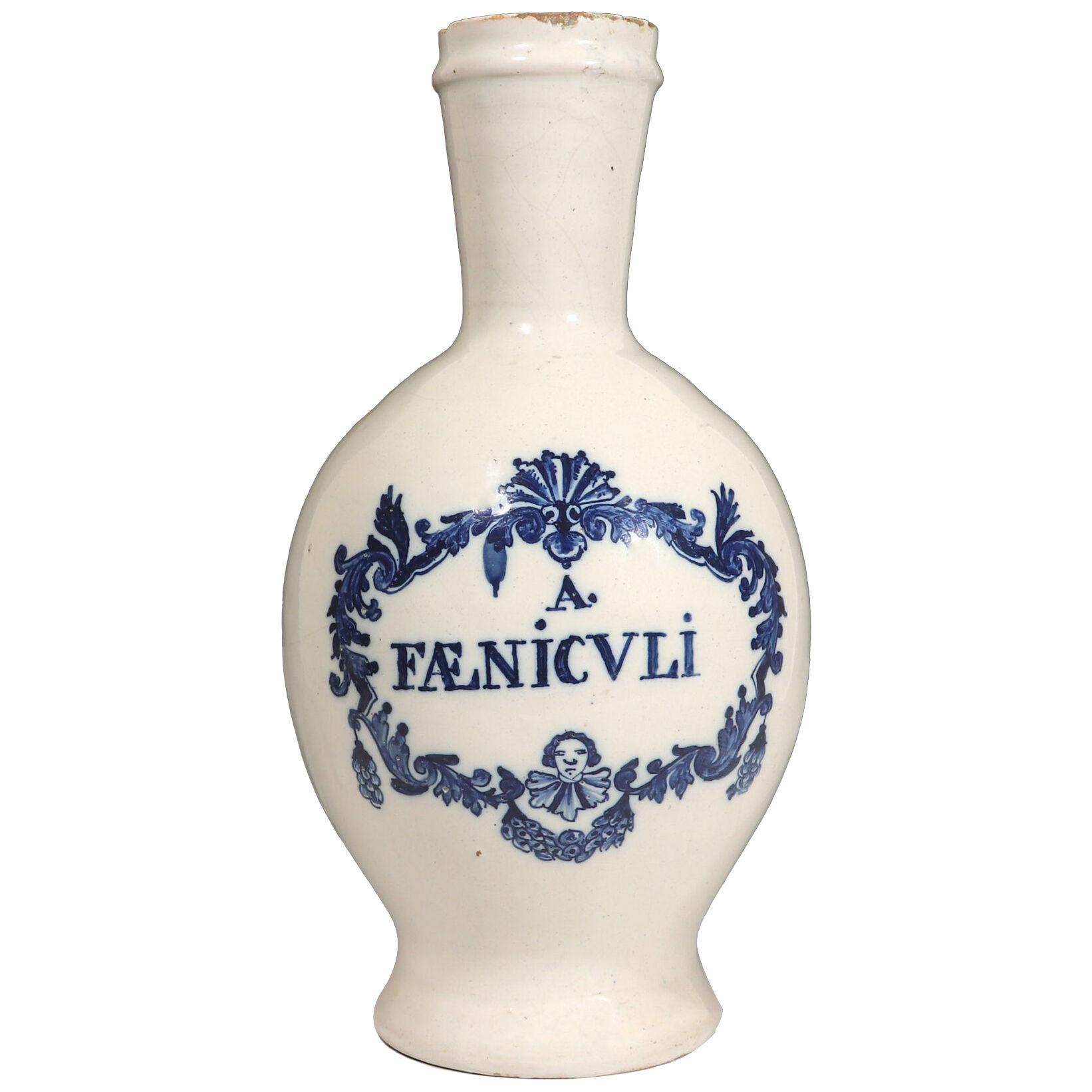 18th Century Dutch Delft Bottle-shaped Wet Drug Jar Inscribed 'A. FAENICVLI'