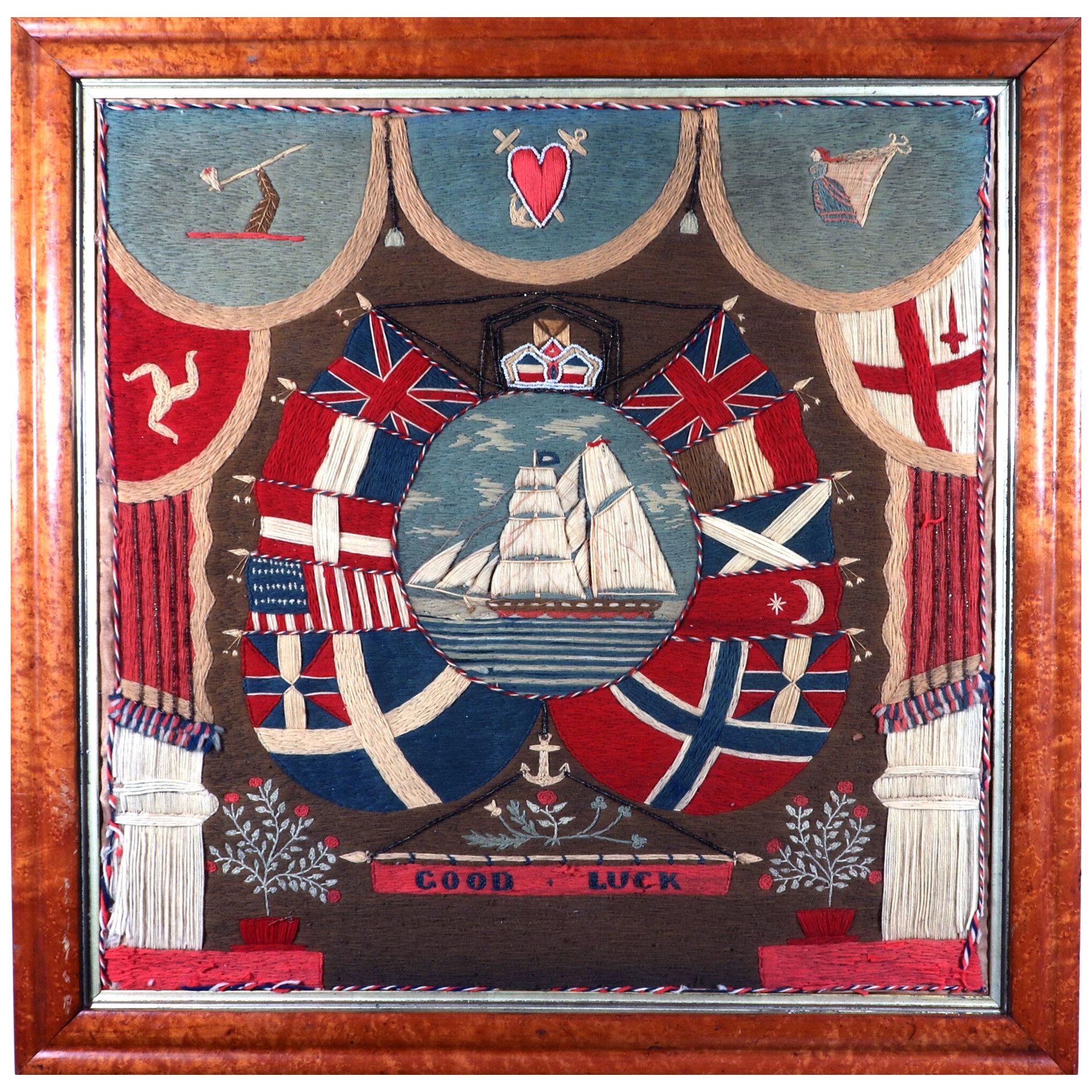 Sailor's Woolwork of Flag of Nations with Motto "GOOD LUCK" Motto