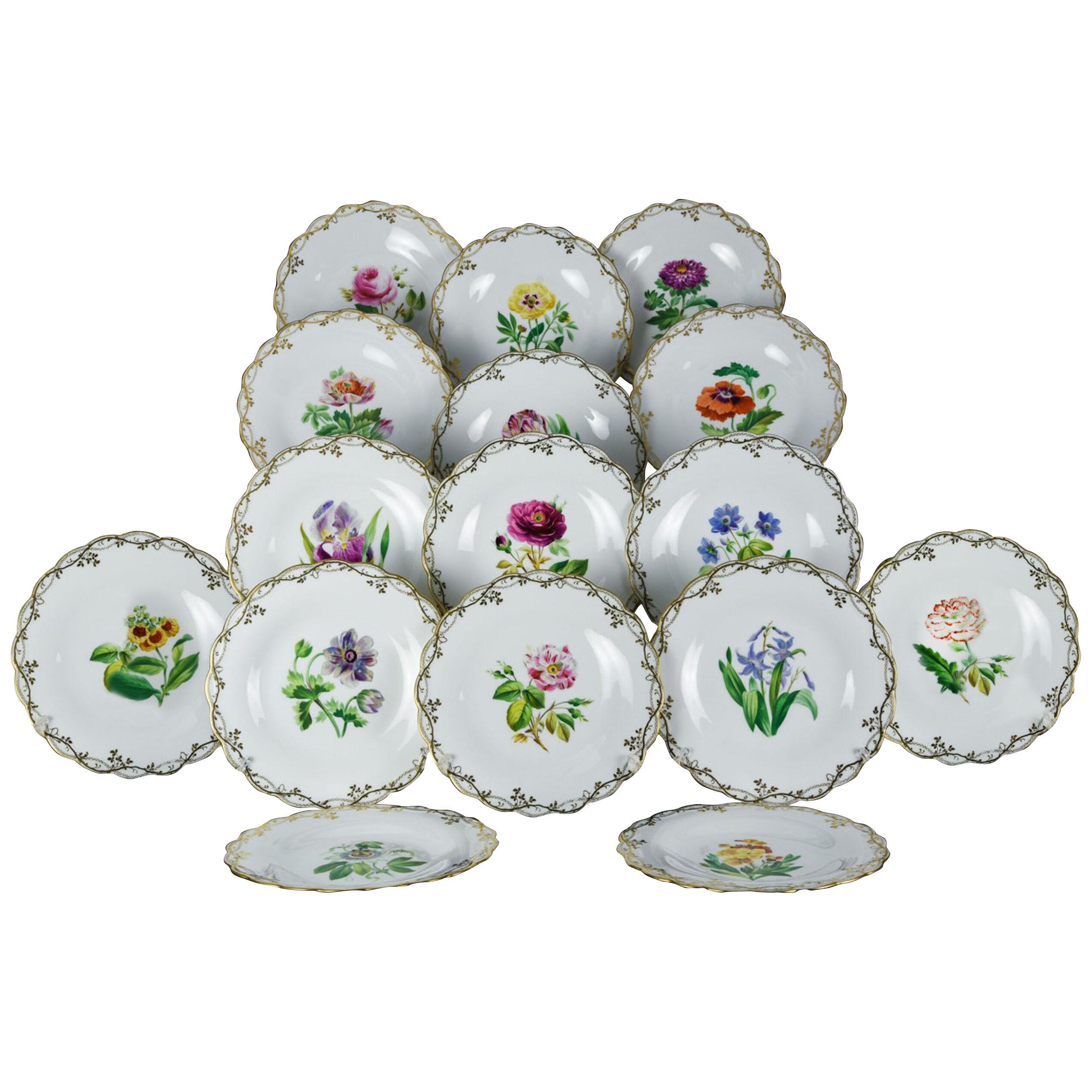 British Porcelain Set of Sixteen Botanical Flower Plates- Minton