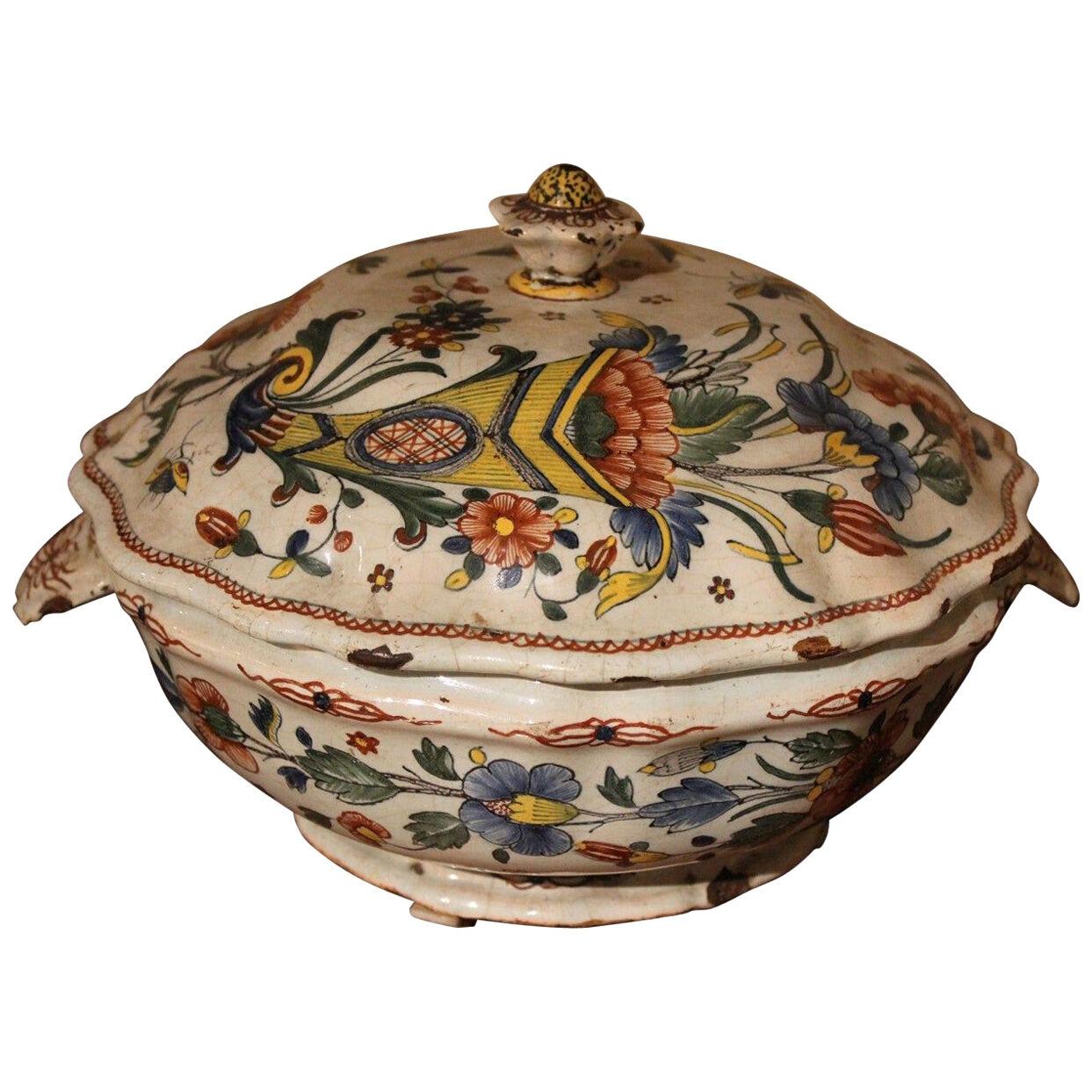 Antique French Faience Lidded Bowl Tureen Hand Painted with Flowers and Insects