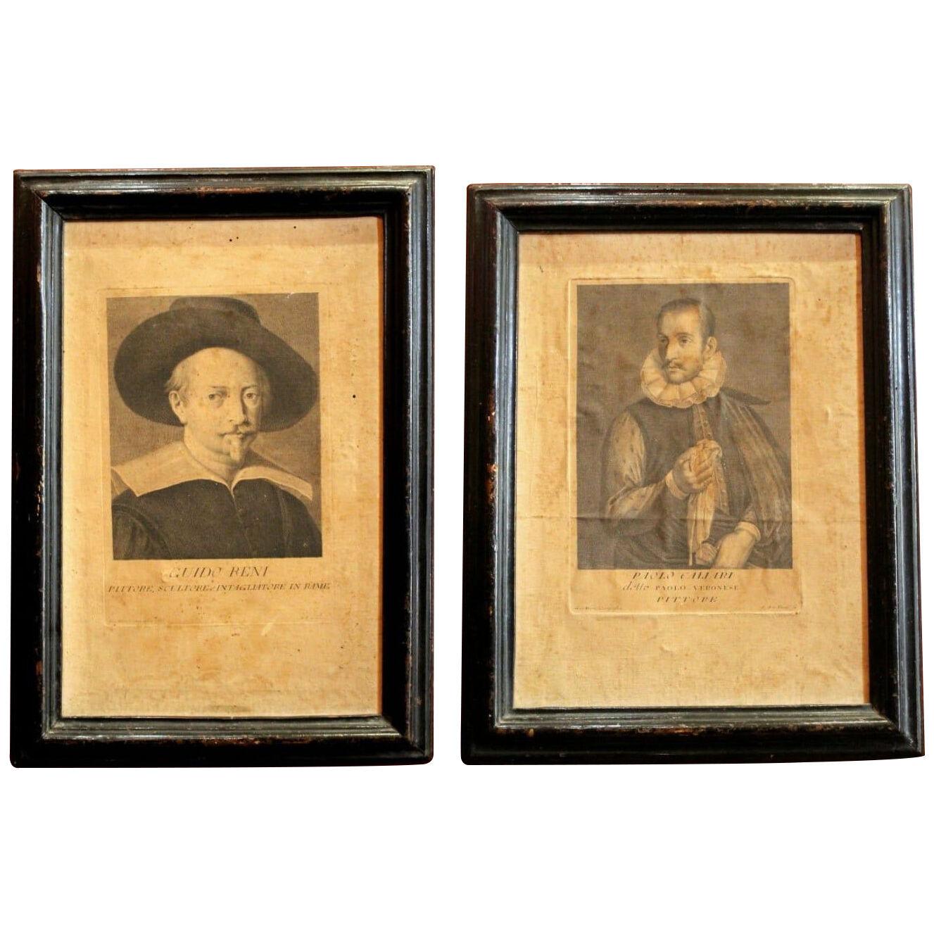 Italian Painter’s Portrait Engravings on Laid Paper on Canvas in Ebonized Frames