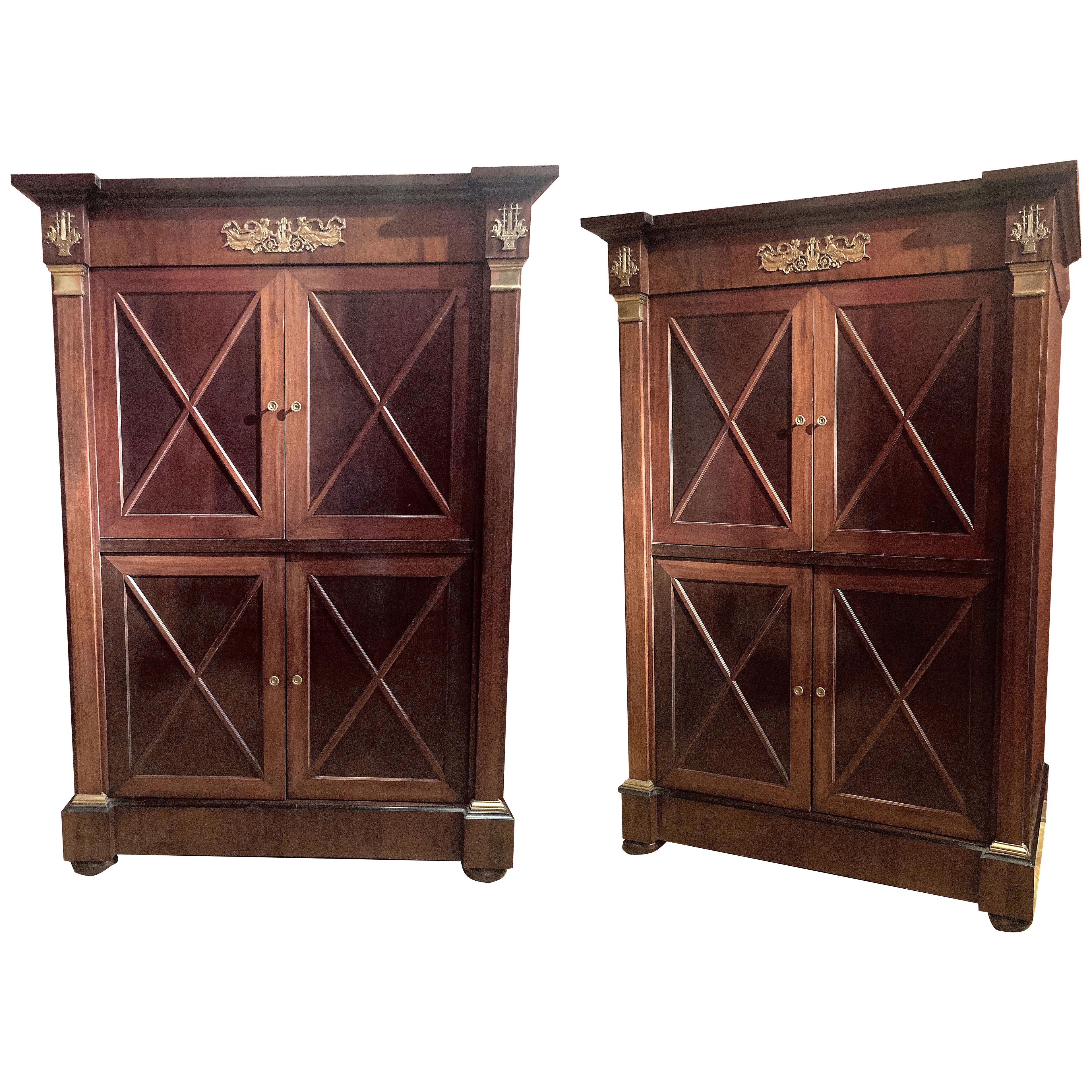 French Empire Style Mahogany and Ormolu Four Doors Cabinets, Armoire or Dry Bar