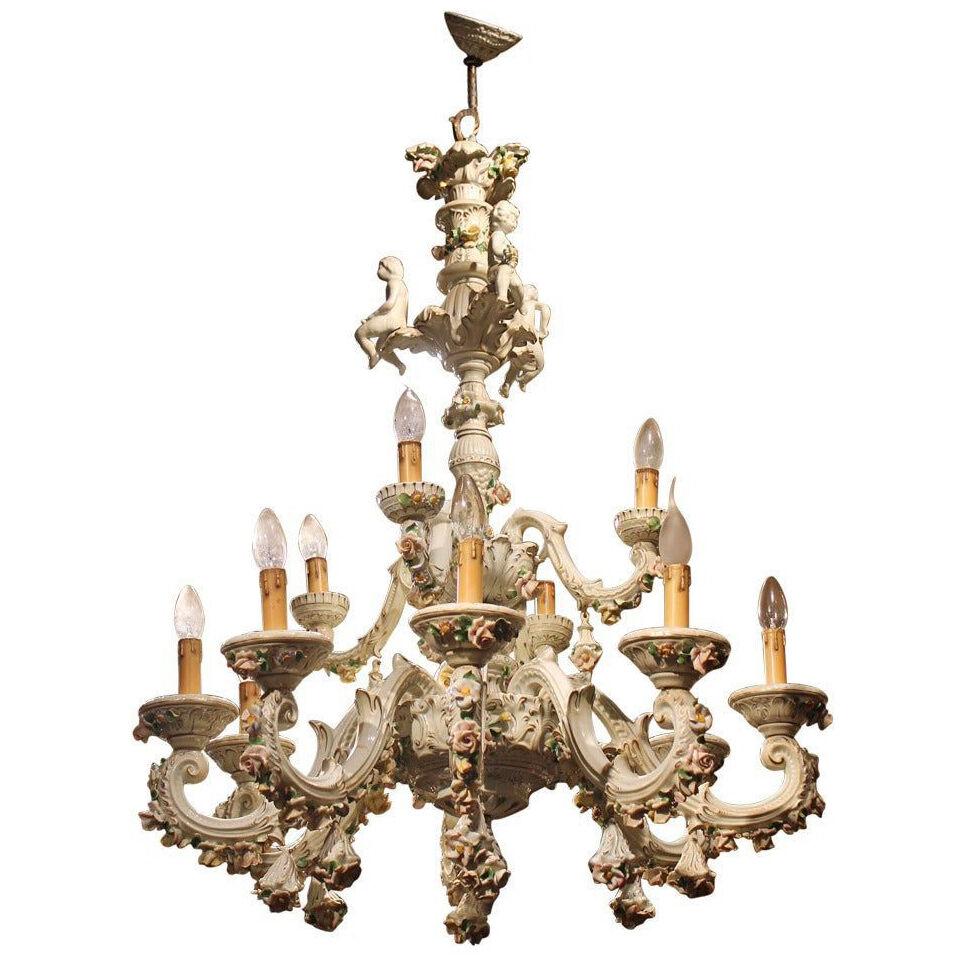 Italian 19th Century Two-Tiers Capodimonte Porcelain Chandelier with Roses