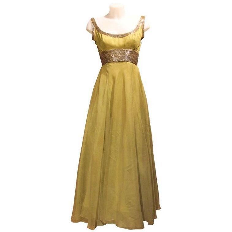 1960s Haute Couture Pierre Balmain Green Silk Chiffon Dress with Hand Bead Work