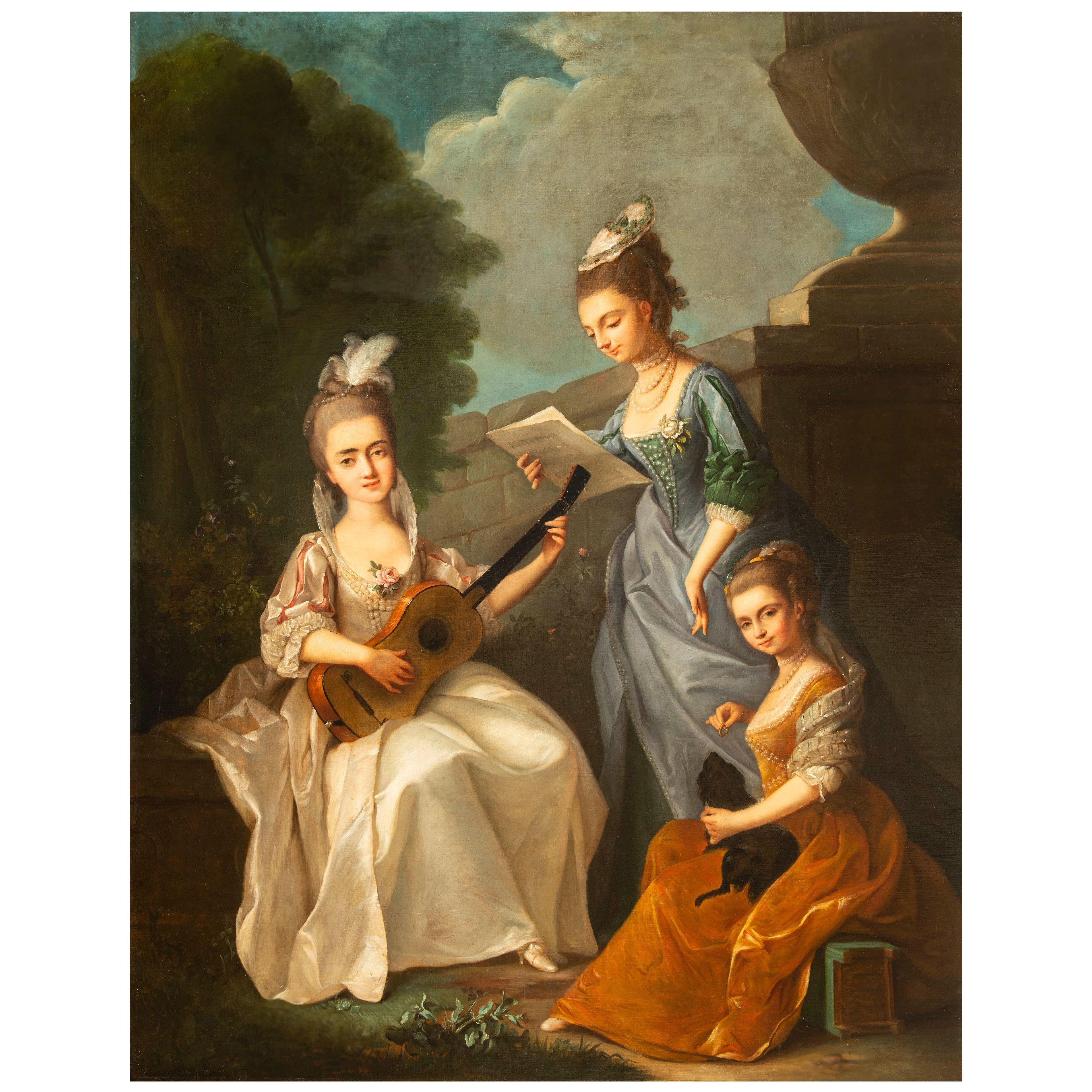 Italian Rococo Oil on Canvas Portrait Painting Young Ladies in Garden Landscape