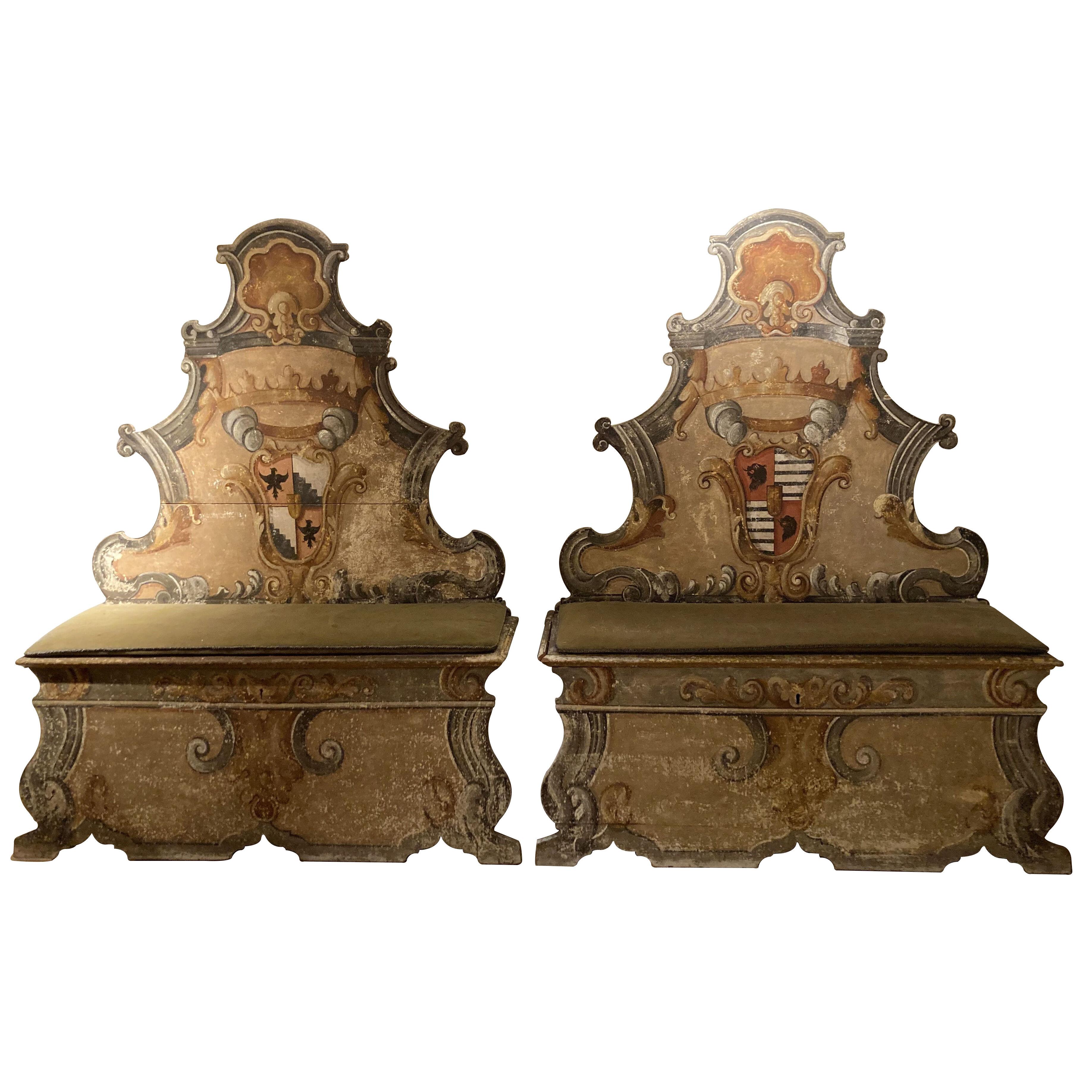 Pair of Italian 18th Century Baroque Armorial Painted Cassapanca Benches