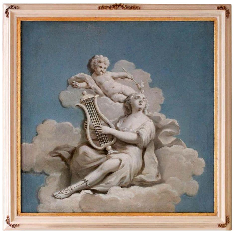 French 19th Century Oil on Canvas Blue and White Music Allegory Cherub Painting 