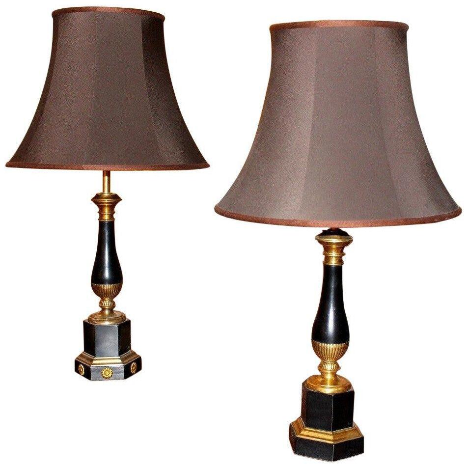 maison Jansen Style Black Tole and Gilt Bronze Table Lamps with Silk Shades