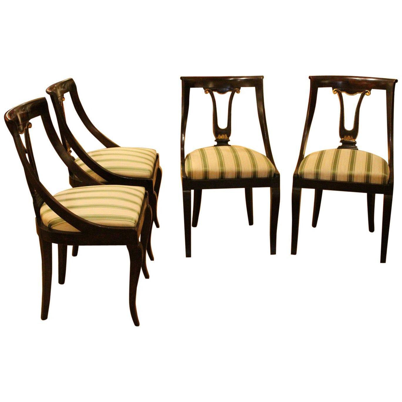 French 18th Century Directoire Mahogany Chairs with Silk Blend Upholster Fabric