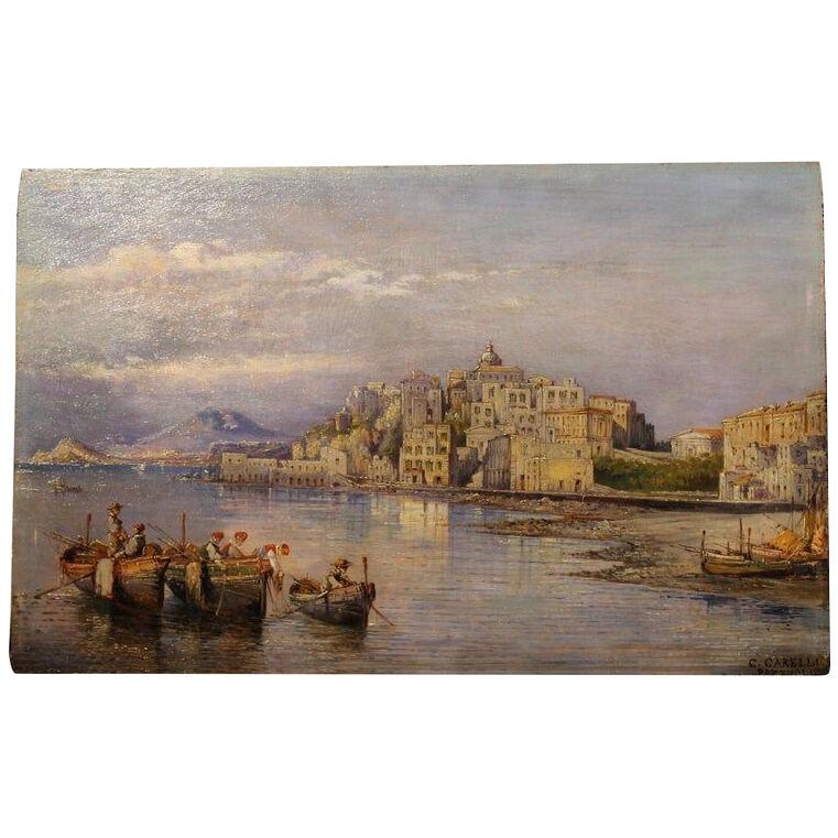 19th Century Italian Rectangular Oil on Board Landscape View Marine Painting