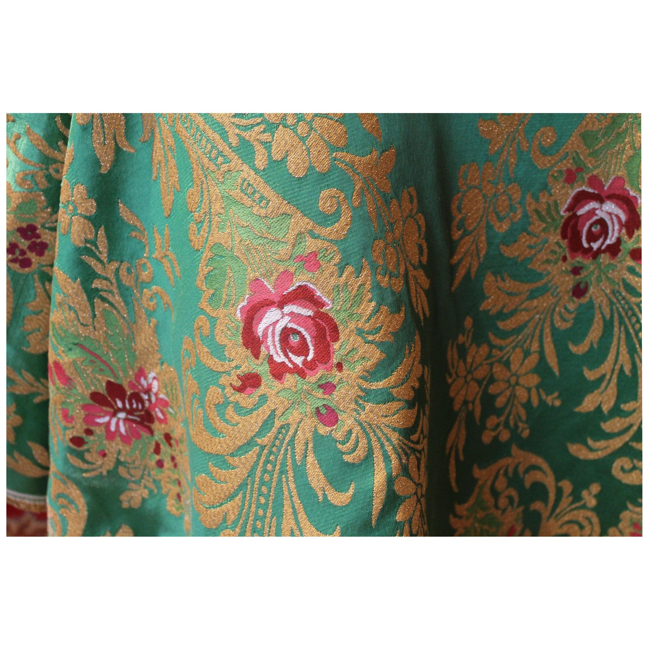 Italian Green Silk Blend Brocade Fabric with Red Roses and Gold Floral Patterns