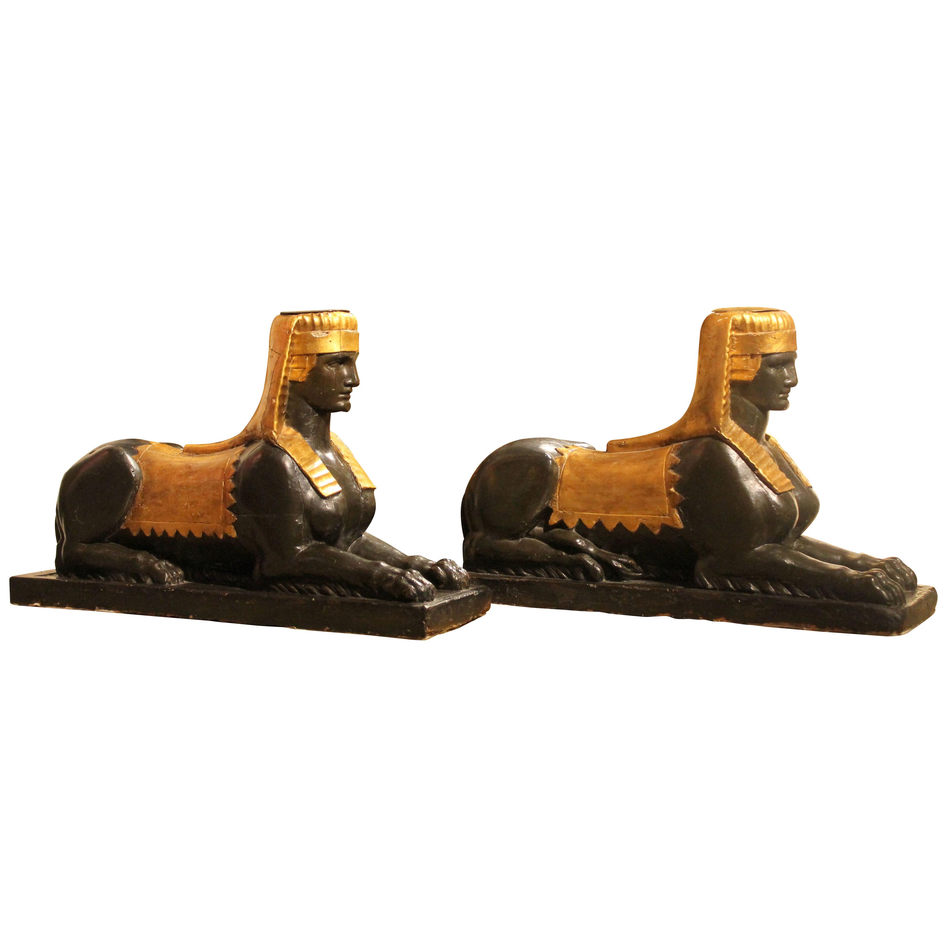 Italian 18th Century Empire Hand Carved, Lacquer and Gilt Wood Sphinx Sculptures