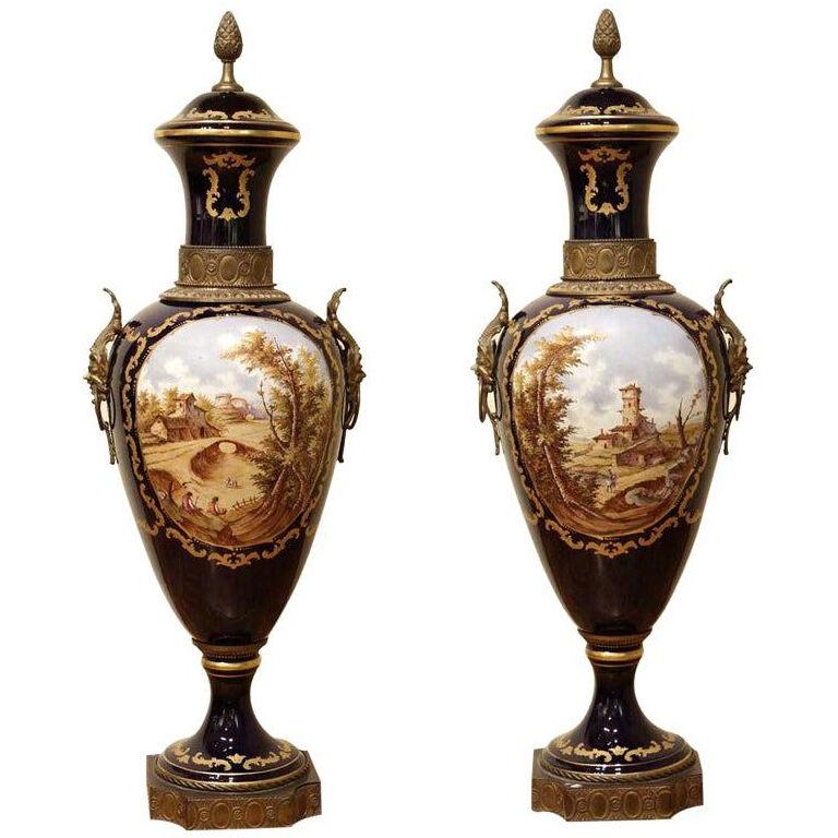 Napoleon III Blue Royal Lidded Vases Hand Painted Landscapes and Bronze Handles