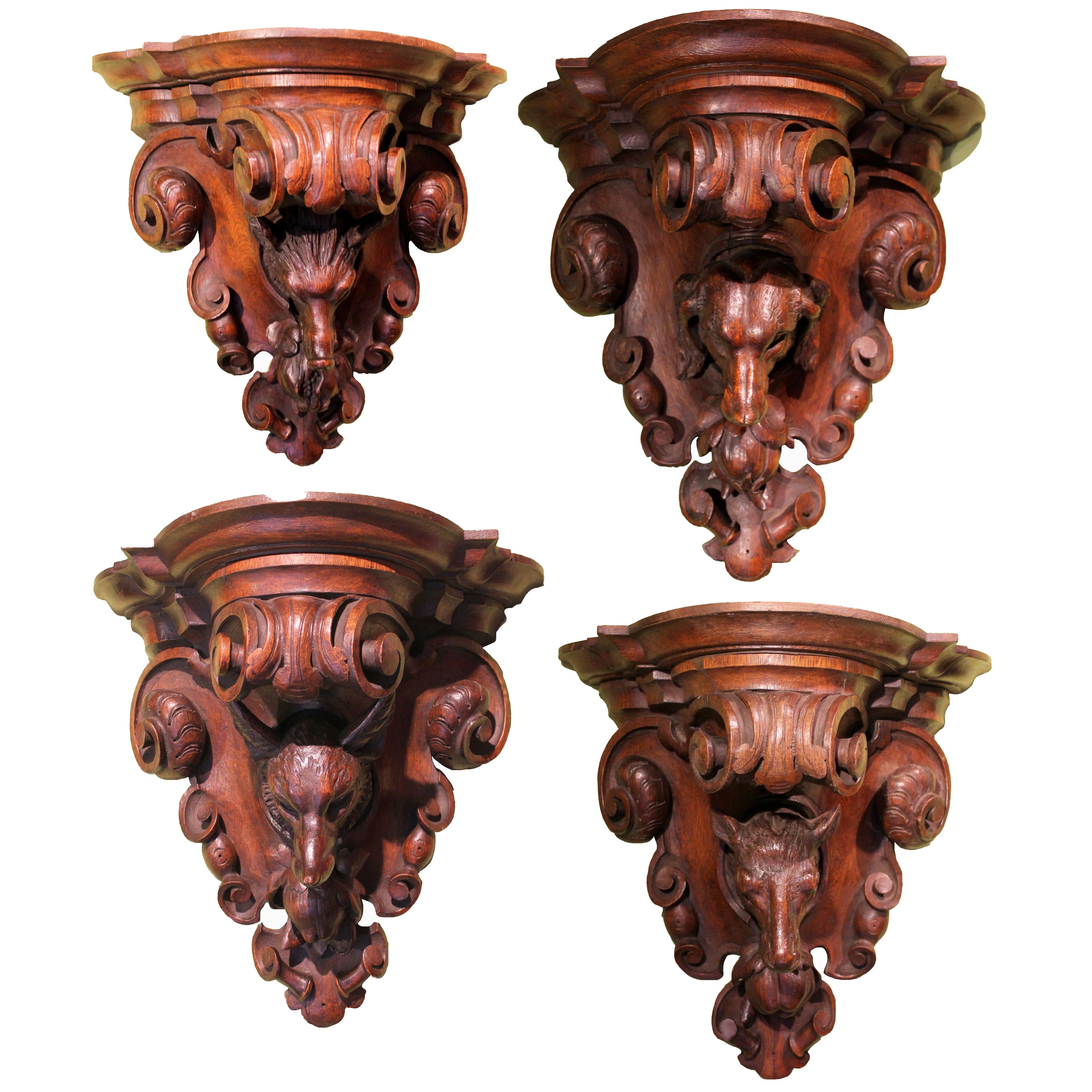 Black Forest 19th Century Set of Four Oak Wall Brackets Carved as Hunting Animal