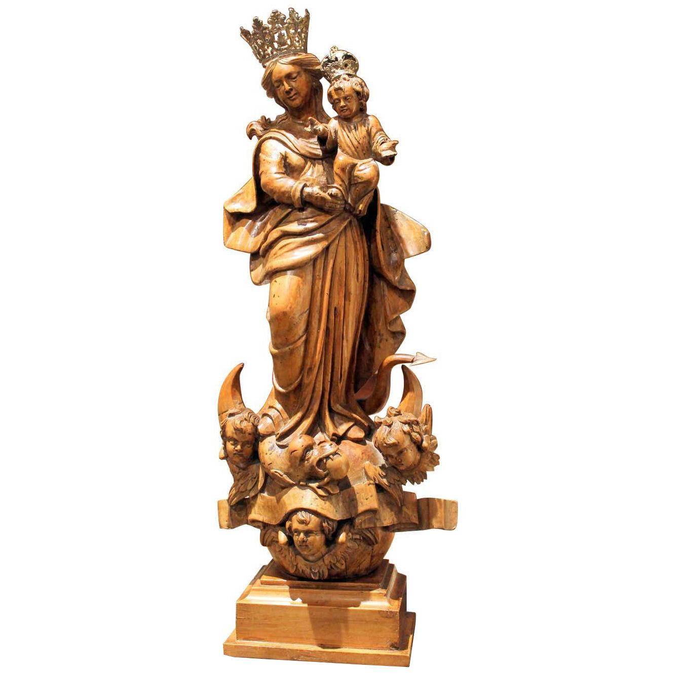 Italian 18th Century Hand Carved Wood Madonna and Child Religious Sculpture