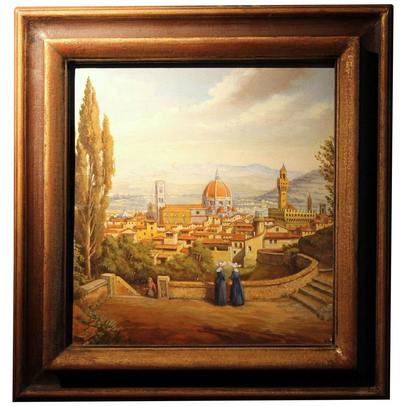 Italian Realist Style Oil on Wood Panel Painting Landscape View of Florence