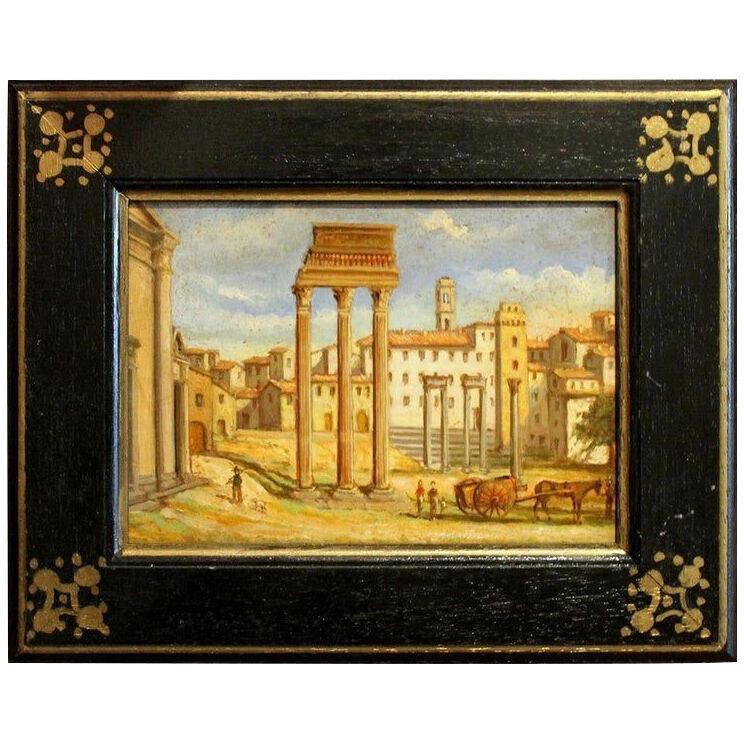 Italian Late 19th Century Oil on Board Classical Roman Ruins Landscape Painting