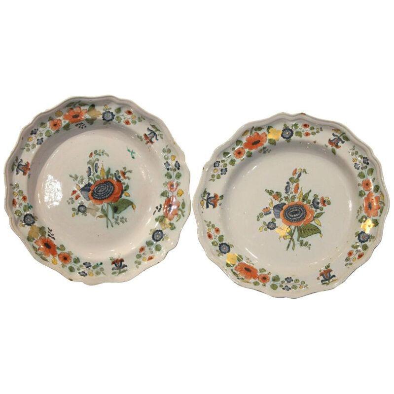 Pair of 18th Century Hand Painted Multi-Color Porcelain Decorative Dinner Plates