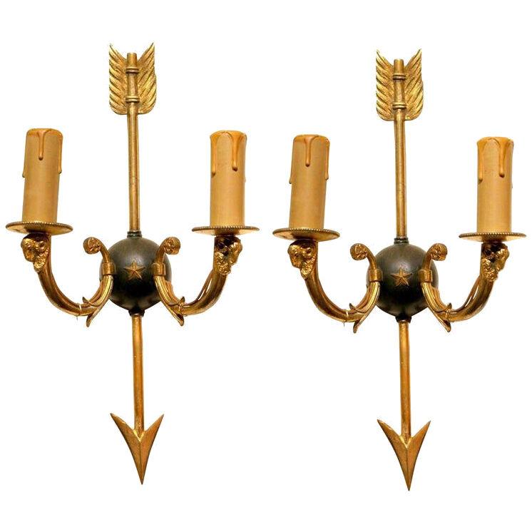 Mid-Century Modern Maison Bagues Style Wall Sconces Arrow and Rams Head Design
